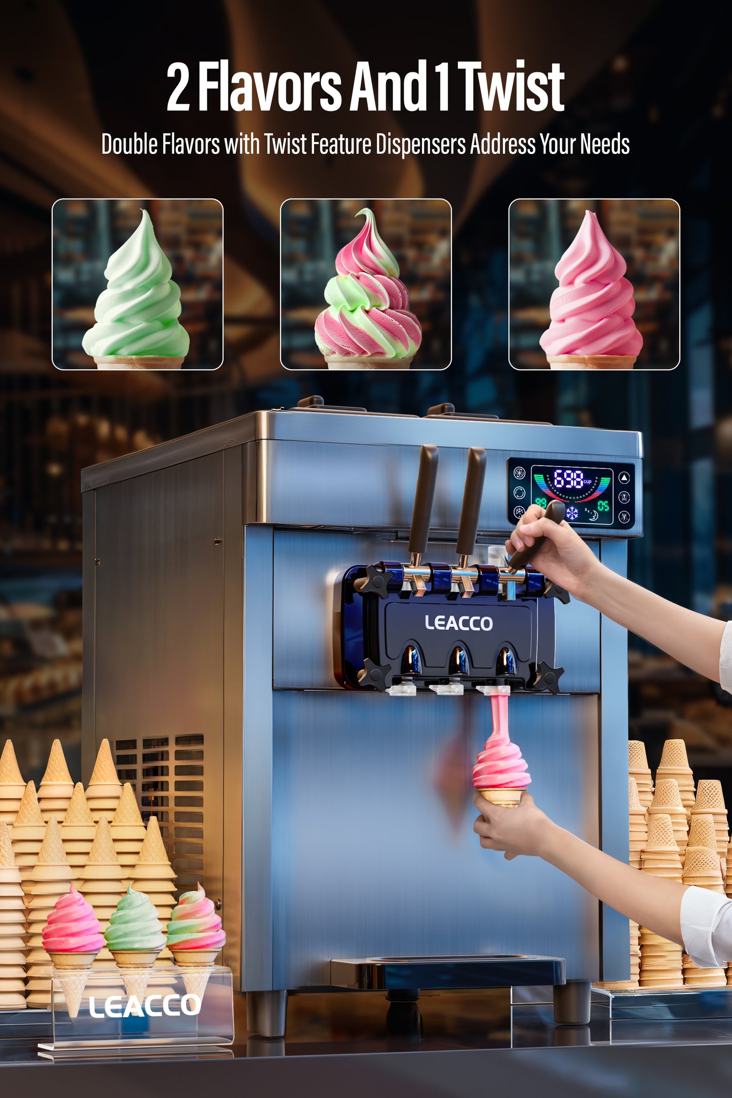 LEACCO Commercial Soft Serve Ice Cream Maker Machine Countertop with 2 Hoppers, 3 Dispensers, 110V